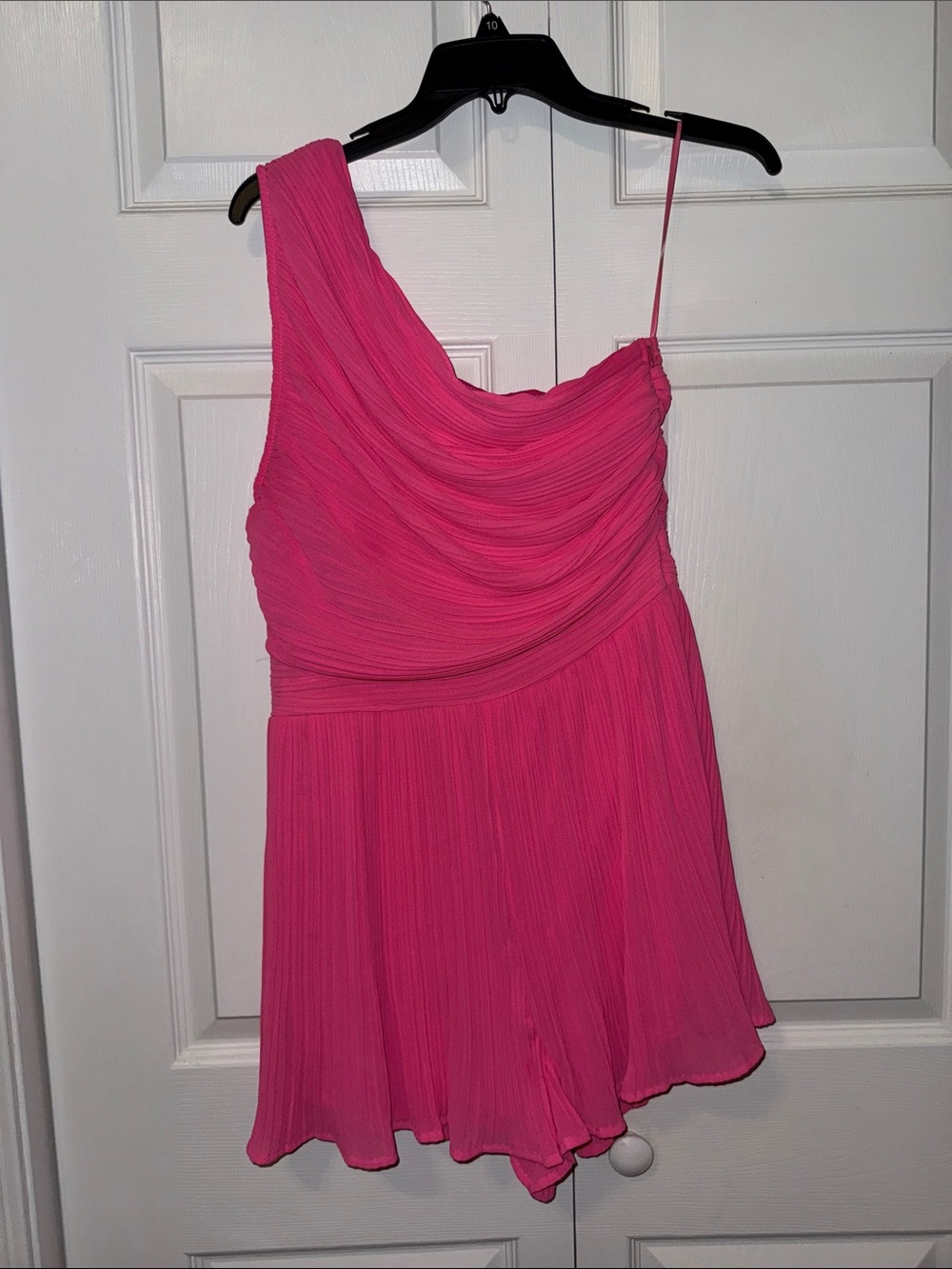 Glam One-Shoulder Pleated Hot Pink romper